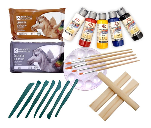 Kit Cerámica, Pinturas, Pinceles, Palote, Regletas, Estécas.