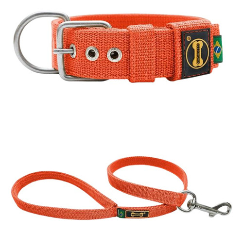 Coleira Cachorro Grande Pit Bull Fit Laranja Xg + Guia 80cm