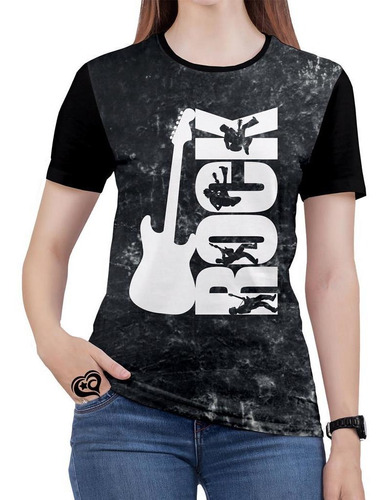 Camiseta Rock N Roll Feminina Guitarra Blusa Cinza