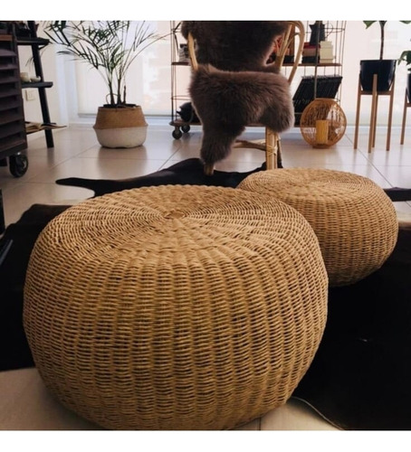 Pack X 2 Puffs Nórdicos Kraft (símil Rattan) De 60cm X 30cm Natural