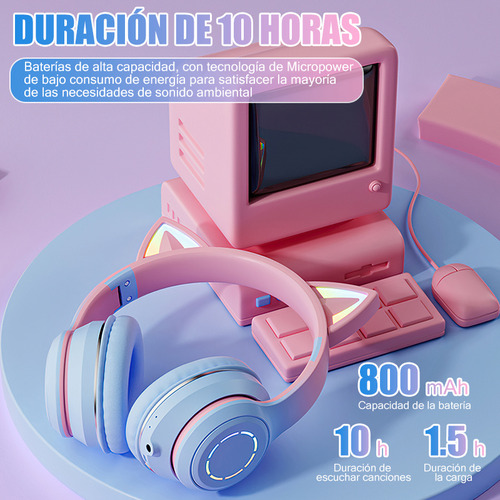 Auriculares Orejas De Gato Bluetooth Inalámbrico Led Rgb