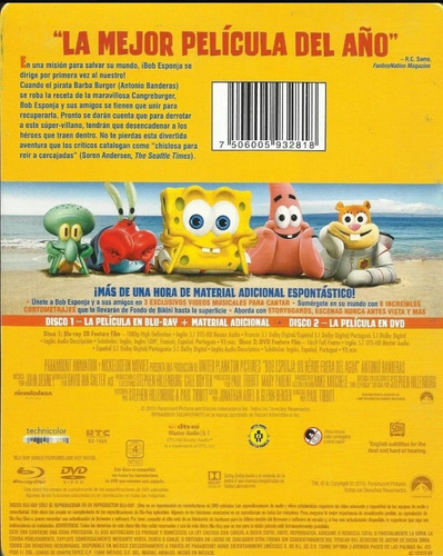Bob Esponja Un Héroe Fuera Del Agua Blu-ray + Dvd Steelbook