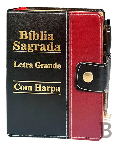 Bíblia Sagrada Letra Grande Botão Preta C/ Vinho C/ Harpa
