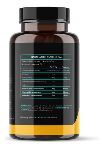 Dumo Labs Vitamina D3 + K2 Aceite De Coco 30 Cápsulas 0.5g Sabor Sin Sabor