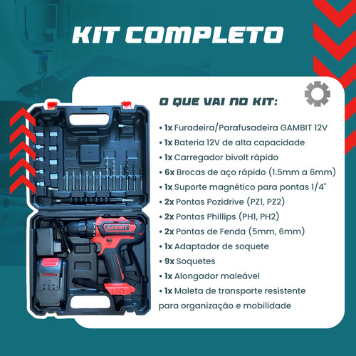 Furadeira Parafusadeira Gambit Kit Profissional Com Maleta