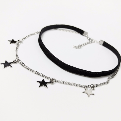 Choker Gargantilha Veludo Preto Correntinha E Estrelinhas