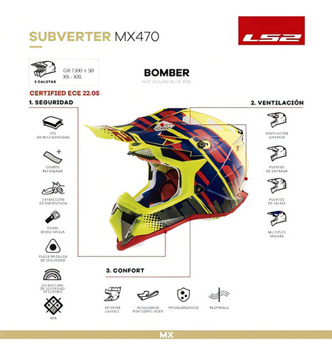 Casco Moto Mx Ls2 470 Subverter Bomber Amarillo Azul Rojo Color Amarillo - Azul - Rojo Tamaño del casco XL