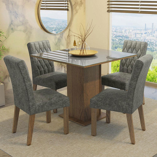 Juego de Comedor con Mesa Tablero de Vidrio y 4 Sillas Anaju Madesa Color Marron Gris Plata