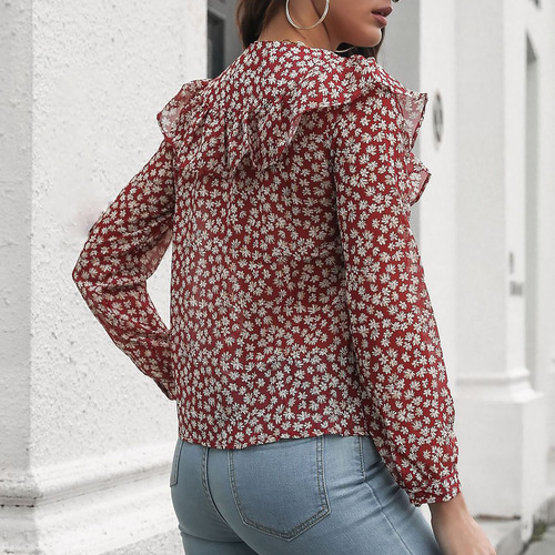 Camisa Holgada De Manga Larga Con Cuello En V Y Estampado Fl