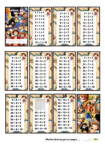 Kit Imprimible Tabla De Dividir Luffy One Piece Editable
