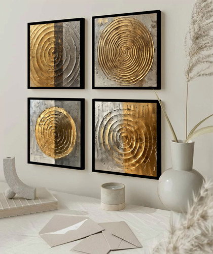 Kit 4 Quadros Decorativos Abstrato Dourado Formas Moldura