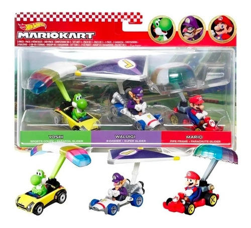 Hot Wheels Mario Kart Pack 3 Glider Yoshi + Waluigi + Mario