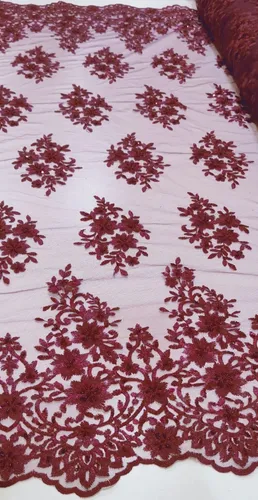 Tecido Renda Tule Bordado Com Pedraria 1 Mt X 1 35 Marsala