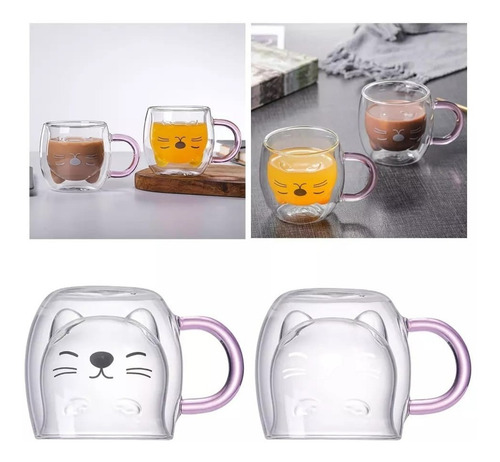 Imagen 3 de 6 de Tazas Vidrio Beber Doble Pared Forma Gato
