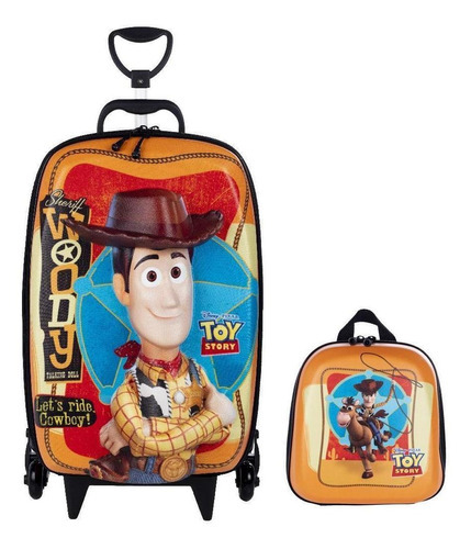 Mochila Escolar De Rodinhas Toy Story Woody 3d Maxtoy Cor Laranja