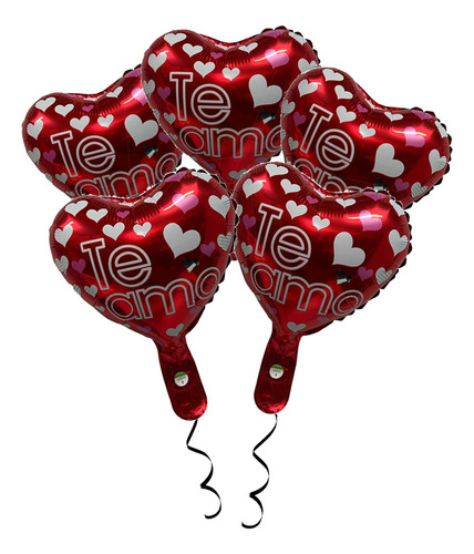 5 Mini Balão Metalizado Coração Te Amo Vermelho 30cm Festa