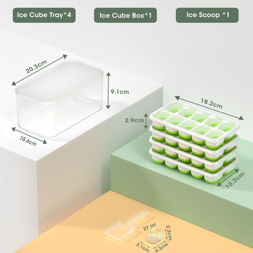 Ice Cube Tray With Lid And Bin, 4 Pack Silicone Plastic Ice