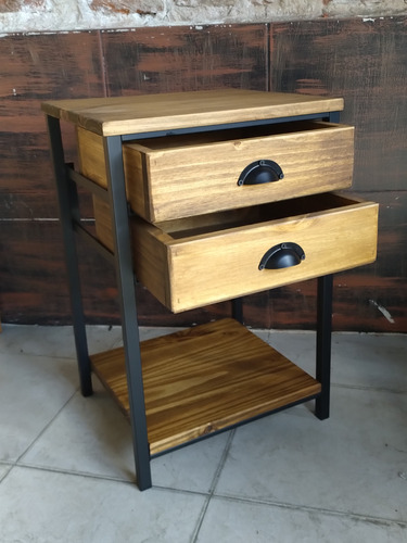 Imagen 7 de 8 de Mesa De Luz Mini 40x35x60 2 Cajones Industrial Hierro Madera