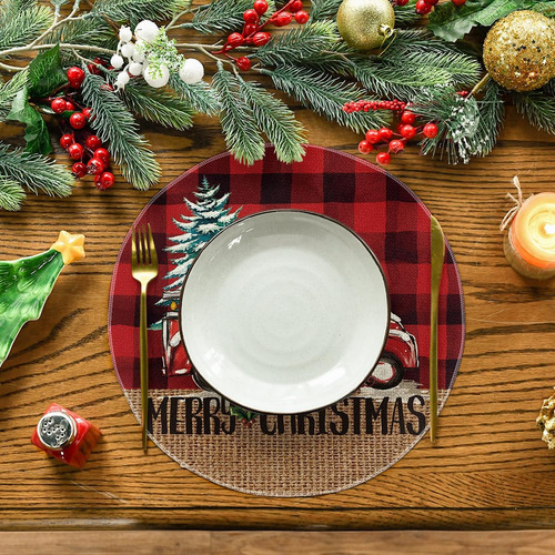 Kit 4 Mantel Individual Redondo De Arbol De Navidad Coche Rojo Blanco Negro Verde Café Texto: Merry Christmas, Árbol De Navidad, Cuadros, Coche