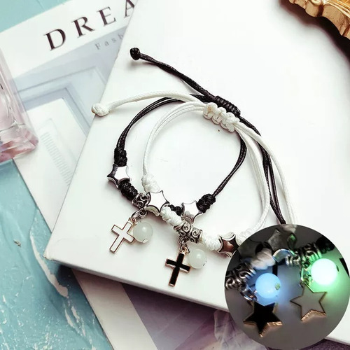 Pulsera Pareja Amistad Blanco Y Negro Cruz Brilla Oscuridad