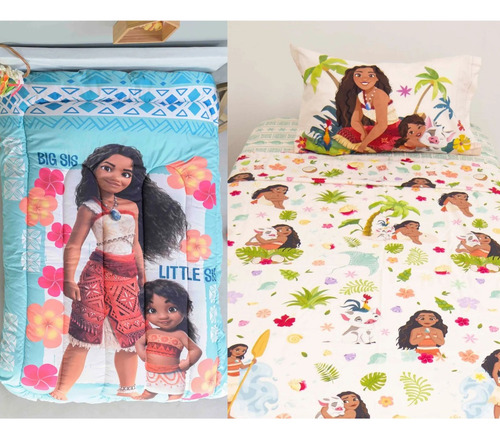 Kit Acolchado + Juego De Sabanas Moana 2 Piñata 1 1/2 Plaza Celeste Moana 2