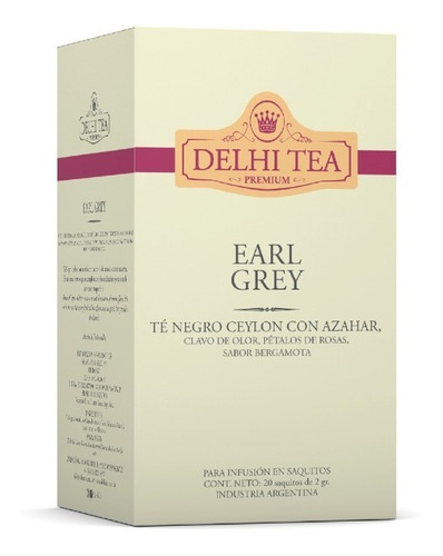 Imagen 1 de 4 de Te Premium Delhi Tea X 20 Saq. Earl Grey