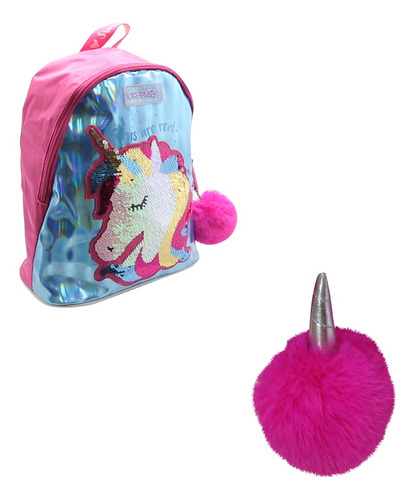 Imagen 3 de 8 de Mochila Jardín Unicornio Con Lentejuelas Turquesa-original
