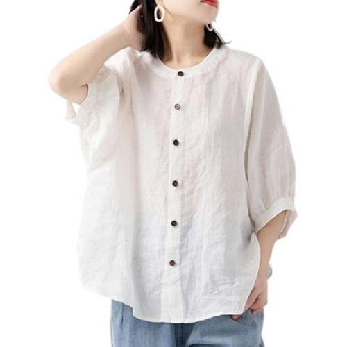 Camisa De Algodón Y Lino Con Manga De Farol Para Mujer