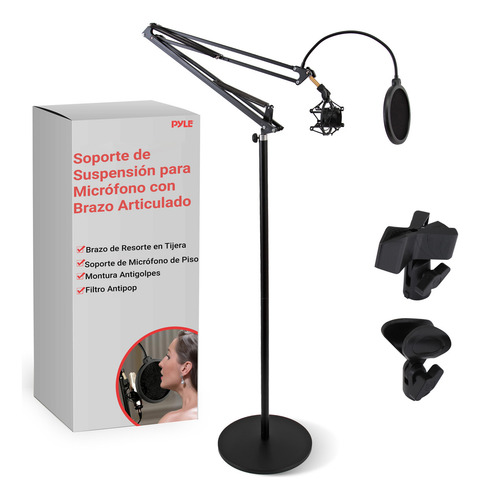 Soporte de Micrófono Pyle de Piso Ajustable con Brazo de Tijera Montaje Antivibración Filtro Anti-pop Adaptador de Rosca de 5/8" Construcción de Metal Duradero