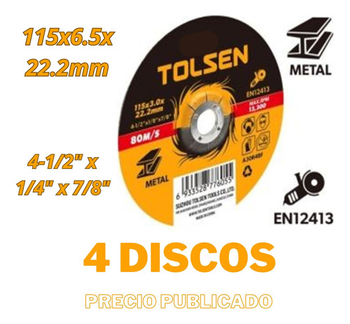 Disco Esmerilar / Desbaste 4-1/2 PuLG  X  1/4 PuLG , Tolsen