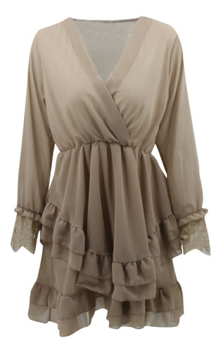 New.. Falda De Volantes Con Cuello En V Y Manga Larga Con