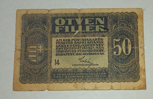 Billete De Hungria -post Office 50 Filler 1920 -p.44 Vf