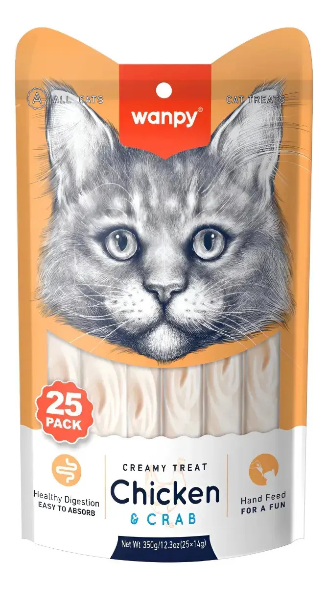 Petisco cremoso Wanpy para gatos, frango e caranguejo, 25 tubetes