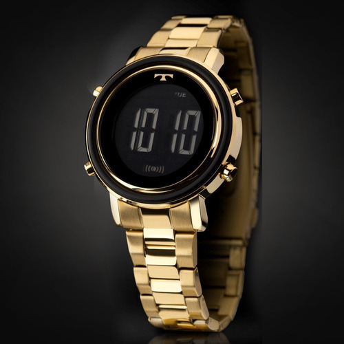 Relógio Feminino Digital Dourado Preto Aço Metal Bj3059ac/4p