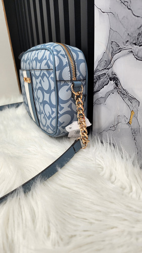 Crossbody Guess Jg970870 Nueva 100 % Original Con Etiqueta Azul Acero Estampado Oro Azul Acero