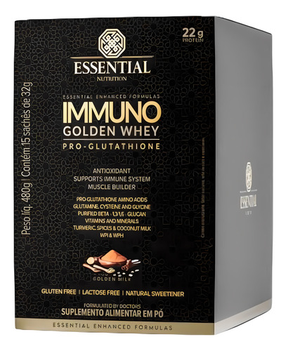 Whey Immuno Pro-glutathione 15 Sachês 32g 480g Essential Nutrition Proteína Sabor Golden Milk