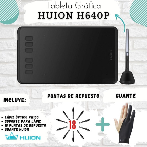 Tableta Gráfica Huion H640p +18 Puntas Repuesto + Guante 