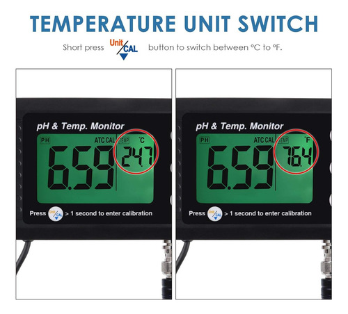 2 En 1 Monitor De Ph De Temperatura Medidor Probador Kit De