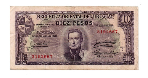 Uruguay Billete 10 Pesos Moneda Nacional Año 1939 P#37d