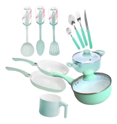 Bateria Cocina Carol + Cubiertos + Utensilios Color Aqua 