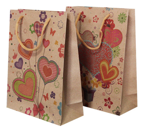Imagem 3 de 3 de Sacolas Para Presentes Decoradas Kraft Corações Amor Com 12