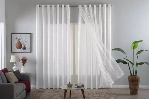 Cortina 3,00x2,80 Voil Xadrez Tecido Microfibra Quarto Sala Branco