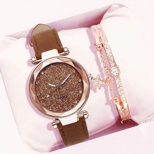 Reloj Pulsera De Cuero Simil Más Pulsera Con Strass