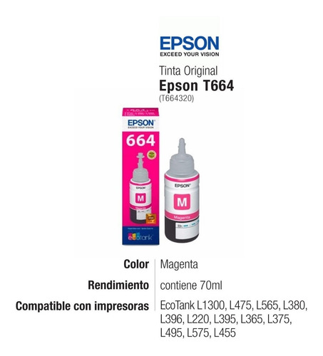 Imagen 2 de 6 de Tinta Epson T664 Magenta T664320 - L475 L495 L220 L395 L365