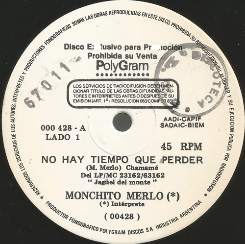 Monchito Merlo / No Hay Tiempo Que Perder - Simple Promo