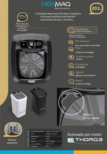 Tanquinho 20.5kg Lavagem Por Turbilhamento Timer 9 Programas