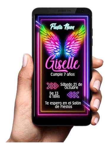 Invitación Digital Tarjeta Imprimible Fiesta Neon Alas 