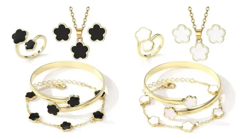 Kit 10 Joias Femininas Trevo Ouro Gold - 5 Preto + 5 Branco Dourado 20 Cm 10 Cm