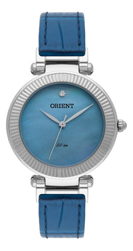 Relógio Feminino Orient Prata Pulseira Couro Azul E Pedras