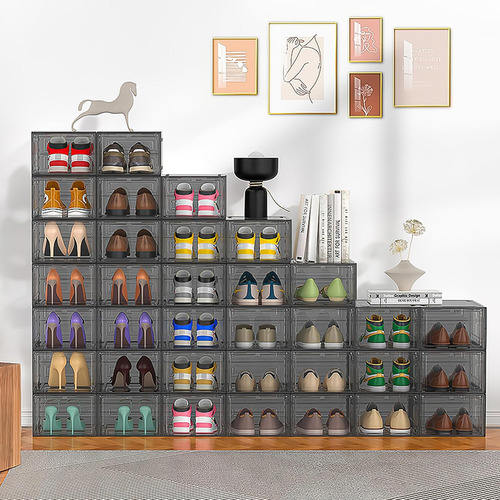 Zapatera Apilable 10 Cajas De Plástico Contenedor Plegable Negro